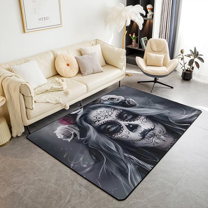 Erosebridal Sugar Skull Area Rug 3x5 Halloween Goth Skull Living Room Rug Non Slip Skeleton Horror Theme Carpet for Bedroom Kitchen Gothic Spooky Skeleton Indoor Floor Mat Non Slip - sugar skull area rug