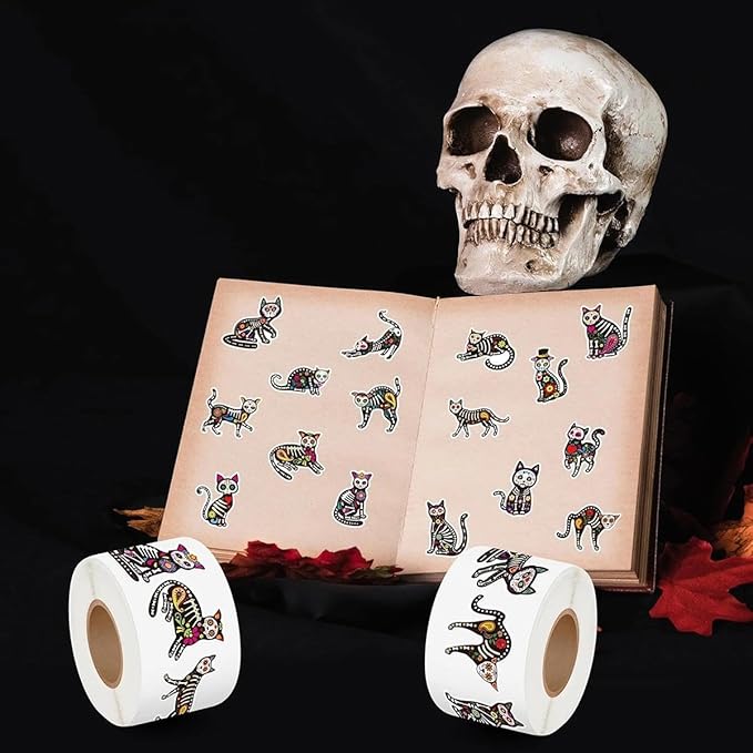 2 Roll Sugar Skull Cat Stickers, Cat for Water Bottles, Scrapbooks, and Gift Boxes, Party Supplies, and DIY Handmade - sugar skull vinyl sticker