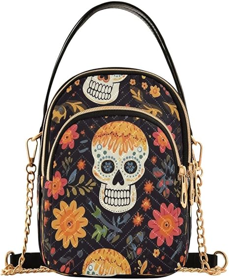 Blossom Sugar Skull Dia De Los Muertos Crossbody Bag Small Shoulder Handbags Leather Purse for Women - sugar skull handbags for sale