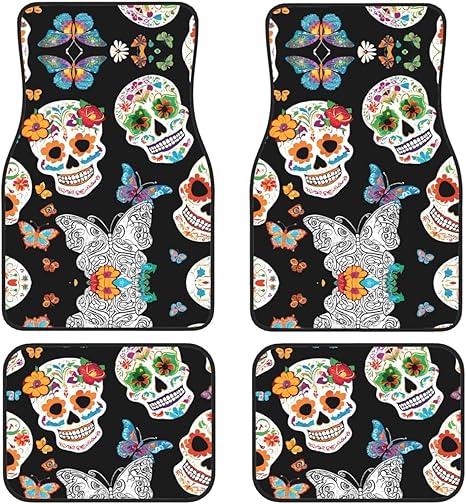 Sugar Skulls Car Foot Mat Set of 4 Pieces for Most Cars, Trucks, Vans, sedans, Crossover Vehicles, and SUVs - sugar skull car floor mats