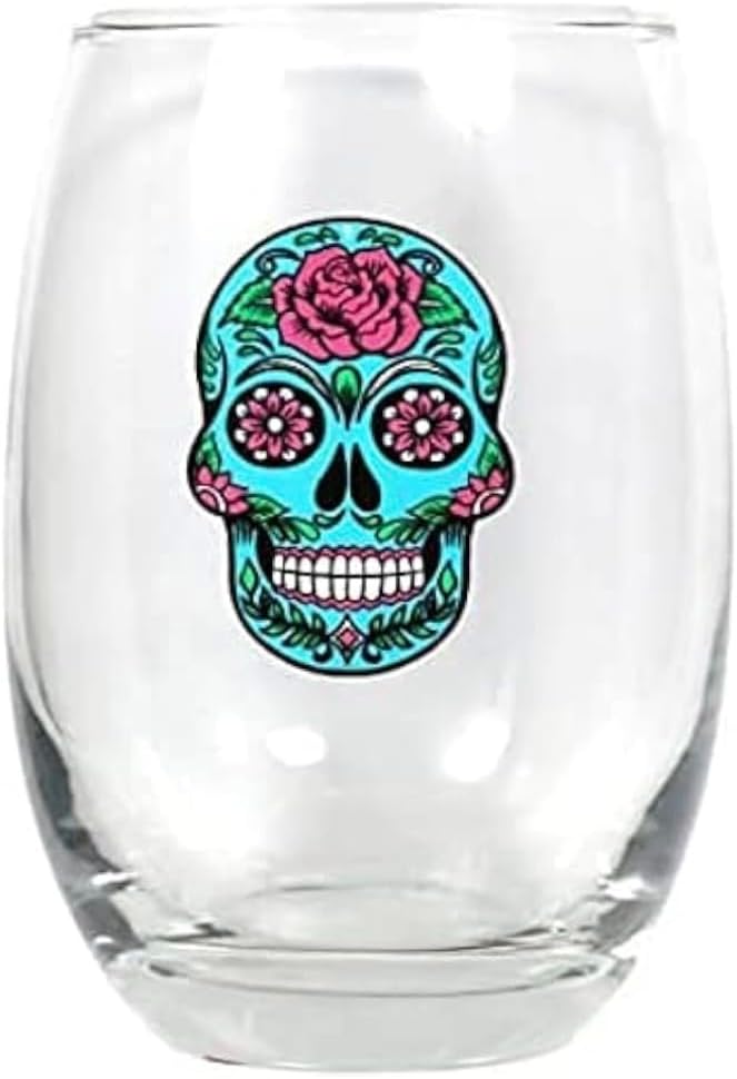 Sugar Skull Stemless Wine Glass Set, Turquoise Multi Floral Design, Clear Glass, Day of Dead Theme, 2 Pieces - sugar skull wine glass