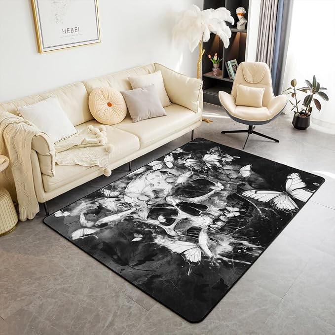 Feelyou Sugar Skull Area Rug 3x5 Silver Butterfly Living Room Rugs for Kids Boys Girls Bedroom Gothic Decor Carpet with Non-Slip Backing Indoor Floor Mat Soft Polyester - sugar skull area rug