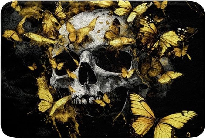 Feelyou Sugar Skull Bathroom Rugs Yellow Butterfly Bath Mats Microfiber Gothic Bathroom Accessories Floor Doormats Non-Slip 16"x24" Soft - sugar skull floor mat