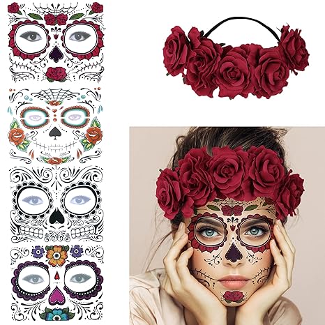 4 Kits Day of the Dead Sugar Skull Temporary Tattoos Makeup Face Tattoo for Men and Women with 1 Rose Red Flower Crown Headband for Halloween Costume - sugar skull flower crown