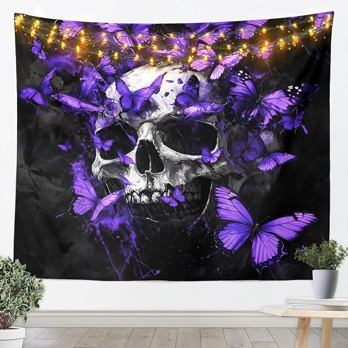 Feelyou Sugar Skull Tapestry Purple Butterfly Wall Art for Living Room Bedroom Gothic Wall Hanging Blanket Home Decor Small 51"x59" - sugar skull throw blanket