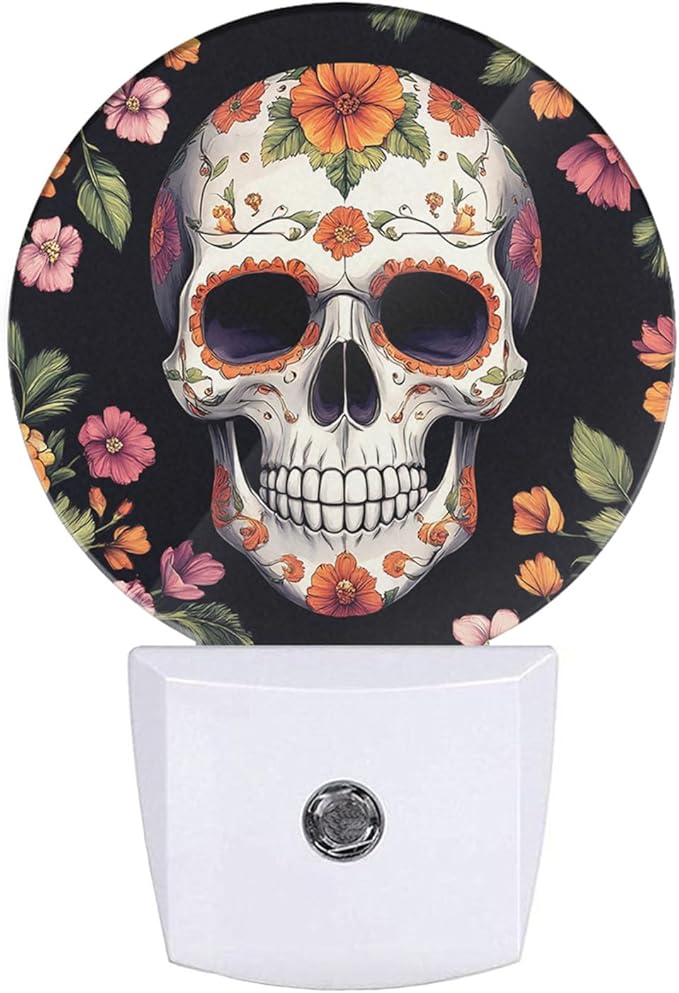 Plug-in Floral Sugar Skull Art Night Light Day of The Dead Skull or Halloween Night Lights Plug into Wall with Auto on/Off Sensor, 0.5W LED Nightlight for Bedroom Bathroom Hallway - sugar skull canvas wall art