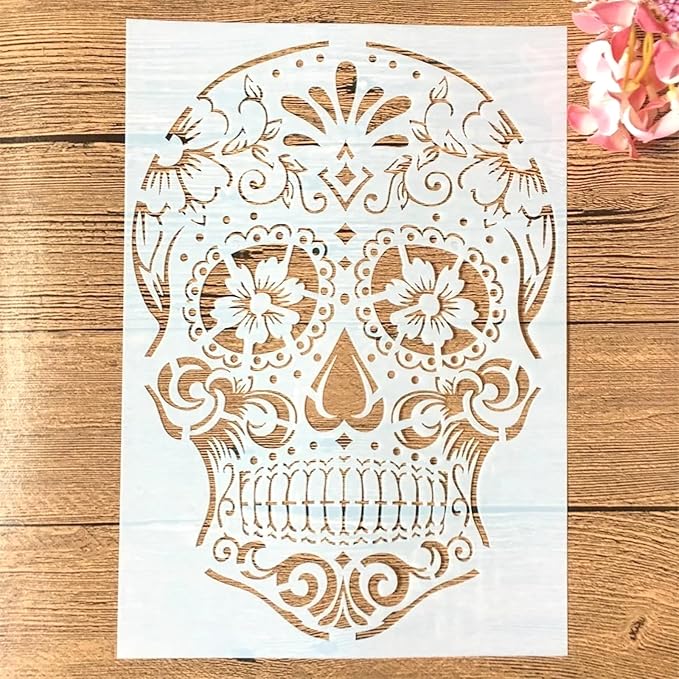 TIAMECH A4 Reusable Mandala Skull Stencil for Painting - Sugar Dead Skeleton Layering Template, DIY Wall Art, Wood Furniture, Scrapbook & Crafts (8.3x11.7inch) - sugar skull canvas wall art