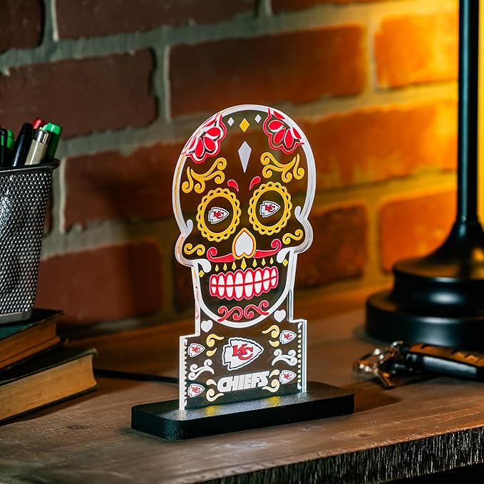NFL Kansas City Chiefs LED Light Signs Football Sugar Skull Tabletop Decor, Free-Standing Desk Night Light Lamp for Home, Office, Man Cave, Gift for Men, Women, Made in USA - sugar skull table lamp
