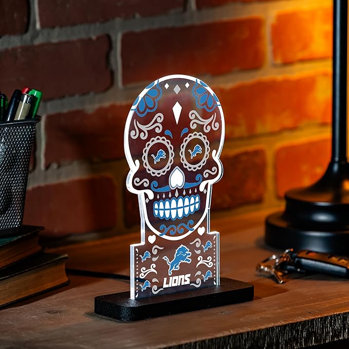 NFL Detroit Lions LED Light Signs Football Sugar Skull Tabletop Decor, Free-Standing Desk Night Light Lamp for Home, Office, Man Cave, Gift for Men, Women, Made in USA - sugar skull table lamp