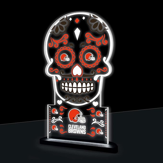 NFL Cleveland Browns LED Light Signs Football Sugar Skull Tabletop Decor, Free-Standing Desk Night Light Lamp for Home, Office, Man Cave, Gift for Men, Women, Made in USA - sugar skull table lamp
