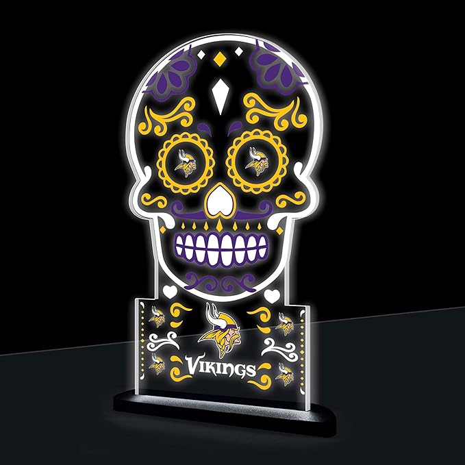 NFL Minnesota Vikings LED Light Signs Football Sugar Skull Tabletop Decor, Free-Standing Desk Night Light Lamp for Home, Office, Man Cave, Gift for Men, Women, Made in USA - sugar skull table lamp