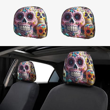 2 Pcs Car Headrest Covers Elastic Comfort Head Rest Cover for Women Men Sugar Skulls Head Cover Universal Cars Seat Covers for Car Fit Most Cars Trucks SUVs - sugar skull car seat covers set