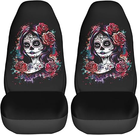 Foruidea Vintage Sugar Skull Girl Car Seat Covers Universal 2 Pcs Auto Front Seat Cover Fit Most Cars,SUV,Sedan,Trucks - sugar skull car seat covers set