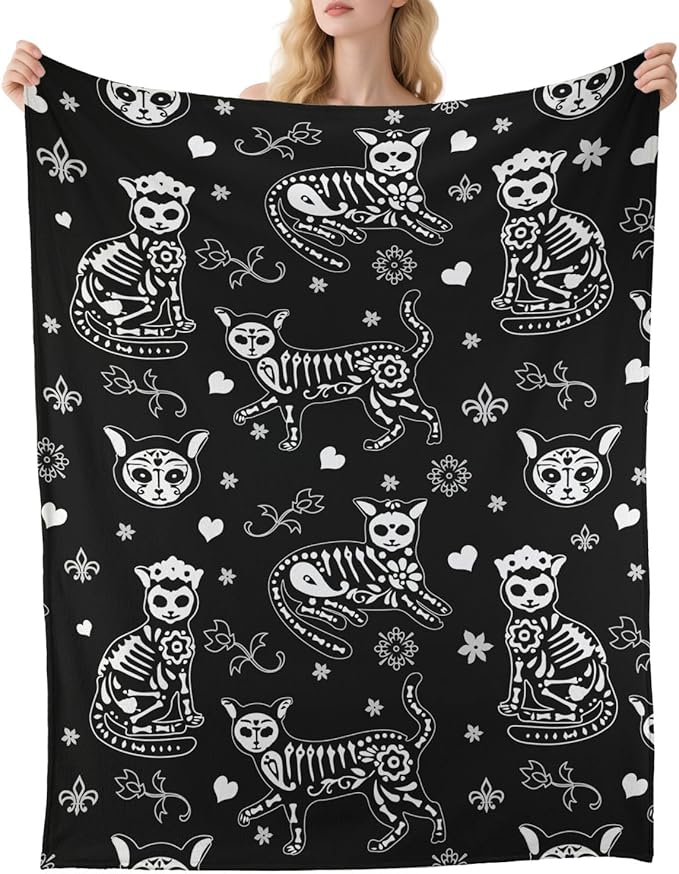 Sugar Skull Cat Blanket Day of The Dead Throw Blanket for Women Men Throw Blankets for Boys Girls Kids Sofa Couch Bedroom Living Rooms Warm All Season Home Decor 60"x50" - sugar skull throw blanket