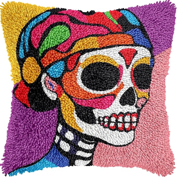 Latch Hook Pillow Kits for Beginners Skull Sugar Girl Needle Crochet Yarn Kits with Pattern Embroidery Cushion Hook and Latch Pillowcase Carpet Home Sofa Decor 43x43cm-1 - sugar skull area rug