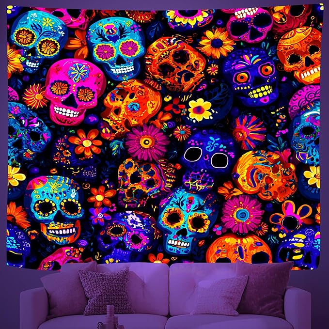 QpaZynthy Blacklight Sugar Skulls Tapestry UV Reactive Day Of The Dead Tapestry Floral Hippie Wall Hanging Black Light Posters Flower Plant Tapestries for Bedroom Party Backdrop Decor 36×48 Inches - sugar skull poster print