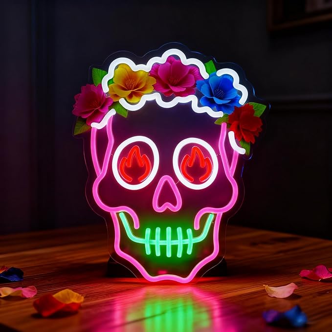 Day of the Dead Neon Sign - 15"x12.2" Mexican Sugar Skull LED Light for Wall Decor, USB Powered with 5-Level Dimmer, Halloween Dia de Los Muertos Party Decorations - sugar skull canvas wall art