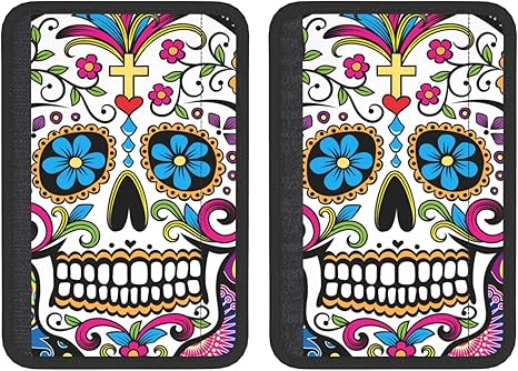 Set of Sugar Skull Day of The Dead Colorful Paisley Flower Car Seat Belt Shoulder Pad -2-Piece Fully Printed Design, Adjustable Shoulder Strap, Travel Accessories - sugar skull car pet seat cover