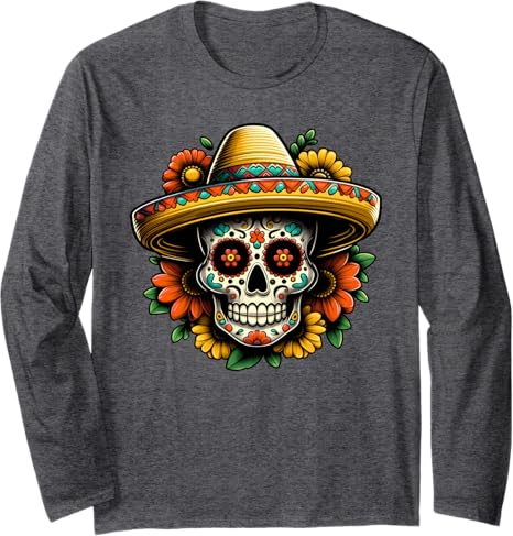 KIM101DESIGN DAY OF THE DEAD DIA DE LOS MUERTOS - sugar skull long sleeve shirt mens