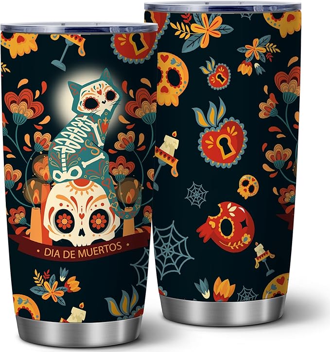 ATHAND Sugar Skull Tumbler,20 Oz Day of the Dead Insulated Stainless Steel Iced Coffee Tumbler with Lid,Spooky Witchy Travel Coffee Mug Cup,Gothic Gift for Women Men,Christmas Birthday,1 Pcs - sugar skull tumbler with straw