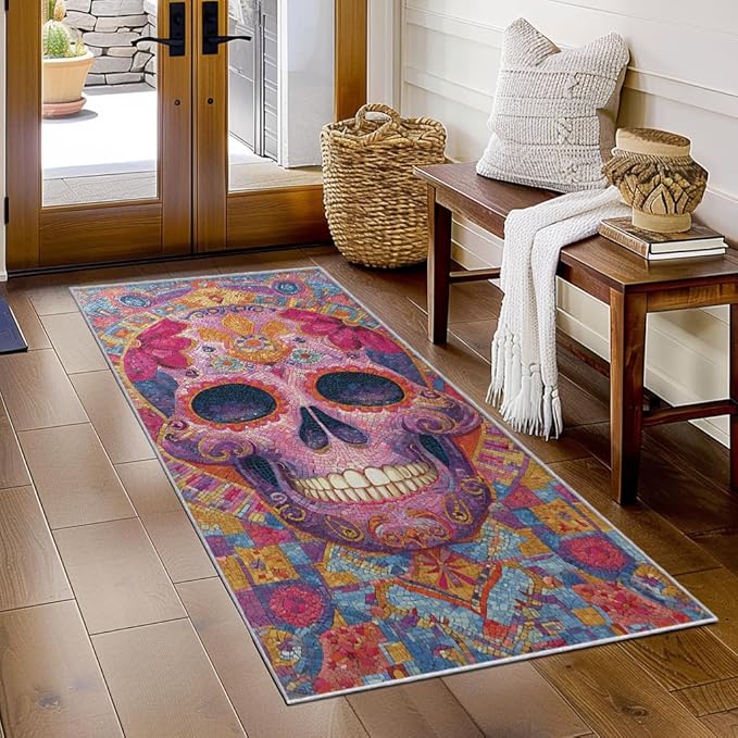 Sugar Skull Runner Rug 2x7 - Hallway Runner Rug Day of The Dead Pattern, Non Slip, Washable, Sugar Skull Home Decor Carpet for Kitchen, Entryway, Bedroom, Laundry Room - sugar skull area rug