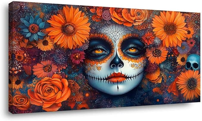ZESTRILIA Sugar Skull Canvas Wall Art for Living Room Office Contemporary Mosaic Vibrant Canvas Artwork Living Room Bedroom Room Decor - sugar skull canvas wall art