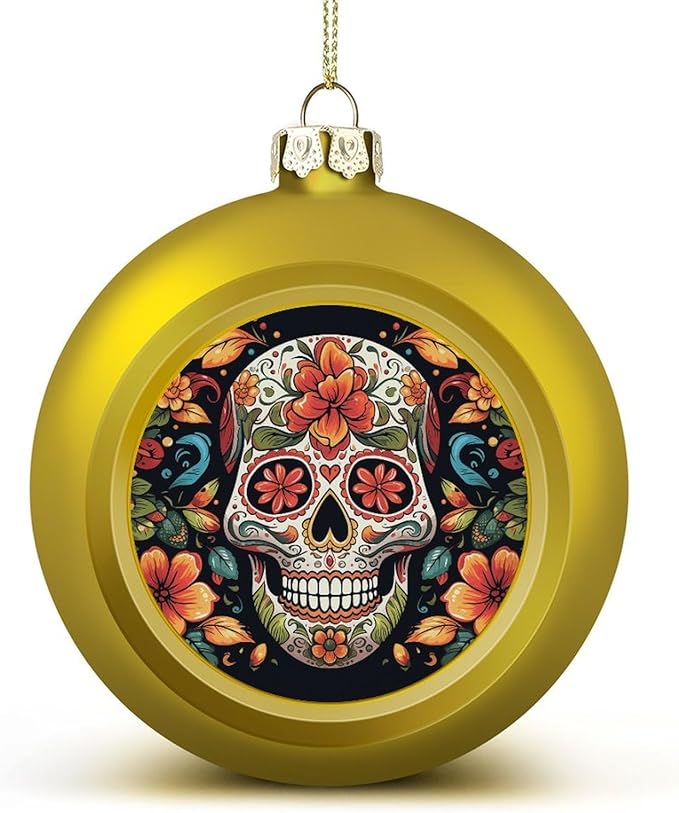 Colorful Sugar Skull Christmas Ball Ornaments 1.6" Shatterproof Pc Xmas Baubles Decorative Hanging Ornaments with Loop for Xmas Tree Wreath New Year Holiday Party Wedding Decorations-Golden - sugar skull christmas decorations