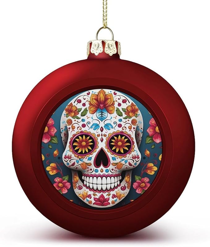 Colorful Sugar Skull Christmas Balls 1.6 Inch Shatterproof Pc Plastic Baubles with Hanging String Christmas Ornaments for Xmas Tree Wreath Garland Yard Garden Holiday Party Decorations(red) - sugar skull christmas decorations