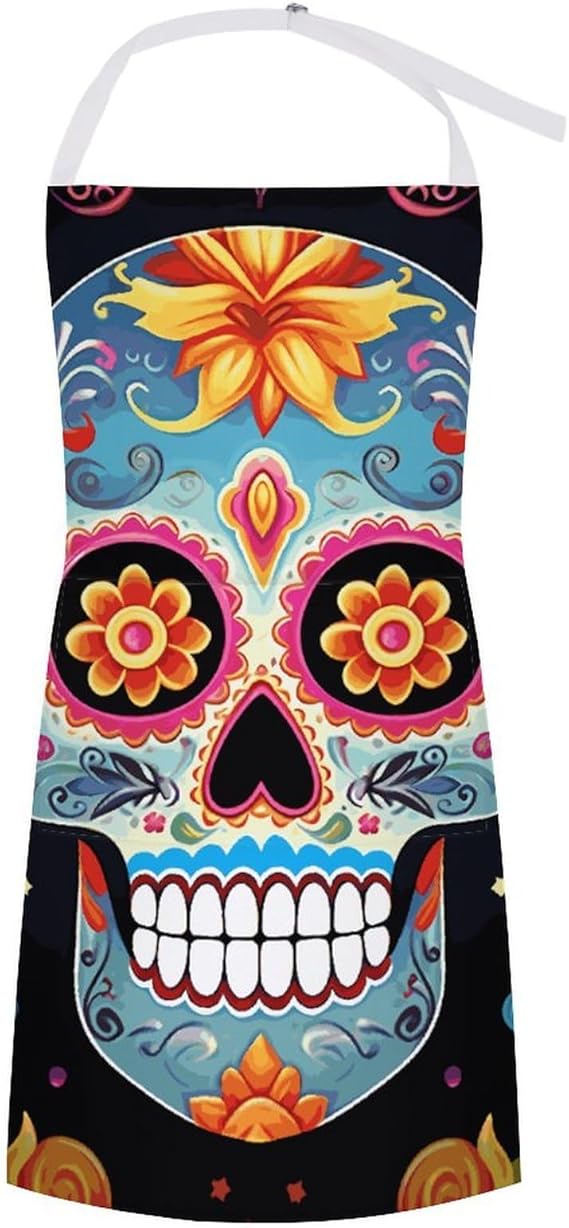 Sugar Skulls Apron Water Resistant Cooking Aprons Long Bib Apron with Pockets, Adjustable Durable Convenient Kitchen Aprons for Work Grilling - sugar skull apron for women