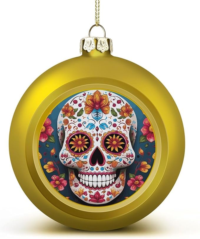 Colorful Sugar Skull Christmas Tree Ornaments 1.6 Inch Shatterproof Pc Plastic Balls with Lanyard Baubles Hanging Christmas Ball Ornaments for Xmas Tree Holiday Party Wedding Home Decorations-Golden - sugar skull christmas decorations