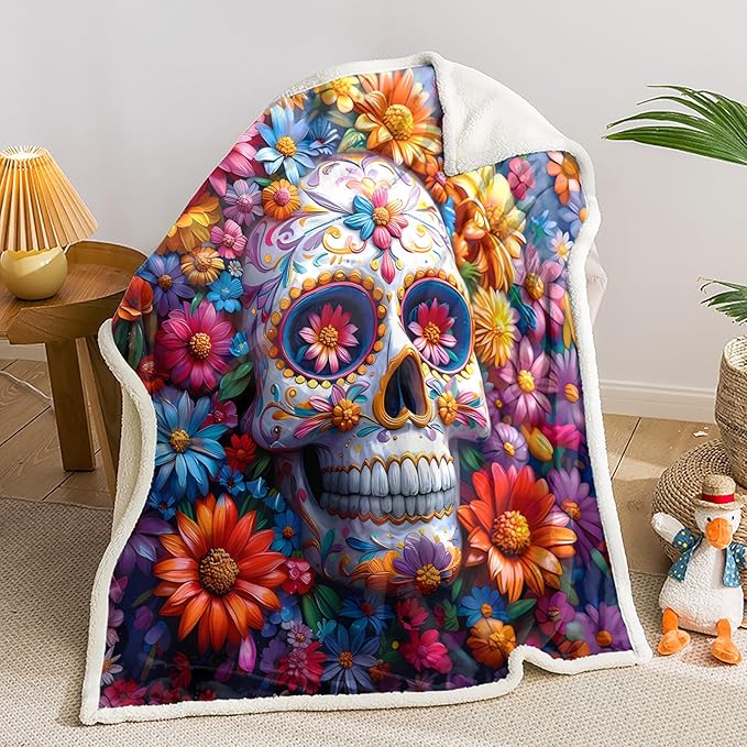 AILONEN Sugar Skull Blanket 78 x 59 Inches for Boys Girls, Exotic Floral Skull Colorful Sherpa Blanket,Boho Flower Skeleton Throw Blankets for Bed Couch - sugar skull throw blanket