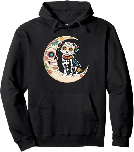 Dia De Los Muertos Sugar Skull Dog And Moon - sugar skull hoodie mens