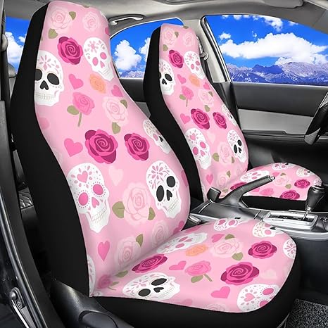 Sugar Skull Car Seat Covers 2PCS Front, Pink Floral Skull Rose Breathable Seat Covers for Cars, Halloween Day of Dead Skeleton Auto Car Seat Protectors - sugar skull car pet seat cover