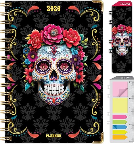 HARDCOVER 2026 Planner, 5.5"x8": 14 Months (November 2025 - December 2026), Daily Weekly Monthly Planner, Yearly Agenda, Bookmark, Pocket Folder and Sticky Note Set (Sugar Skull) - sugar skull poster print