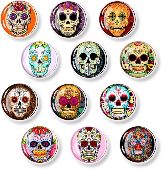 12Pcs Colorful Sugar Skull Glass Refrigerator Magnet,Skull Fridge Magnets Commemorating and Reminiscing About Lost Loved Ones, Fridge Magnets for Kitchen - sugar skull wine glass