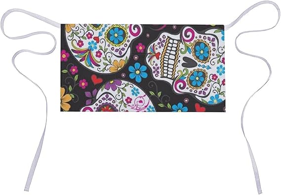 Flower Sugar Skull Apron Short Half Waist Aprons Waterproof Comfortable Adjustable Apron For Kitchen Restaurant, Coffee Shop - sugar skull apron for women