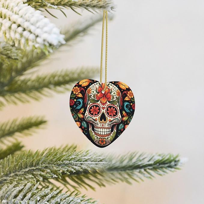 Christmas Tree Ornament Hanging Colorful Sugar Skull Ceramic Ornaments Personalized Heart Porcelain Pendant Christmas Ornament for Holiday Decoration Keepsake Gifts - sugar skull christmas decorations