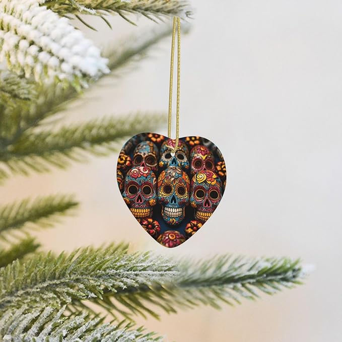 Christmas Tree Ornament Hanging Colorful Sugar Skulls Ceramic Ornaments Personalized Heart Porcelain Pendant Christmas Ornament for Holiday Decoration Keepsake Gifts - sugar skull christmas decorations