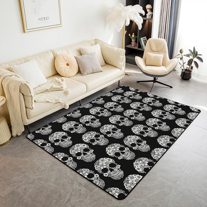 Erosebridal Sugar Skull Gothic Halloween Area Rug 6'6" x 4'11" | Skeleton Floral Boho Flowers Living Room Rugs Festival Black Grey Decorative Carpet Adults Women Men Rectangular Indoor Floor Mat - sugar skull area rug