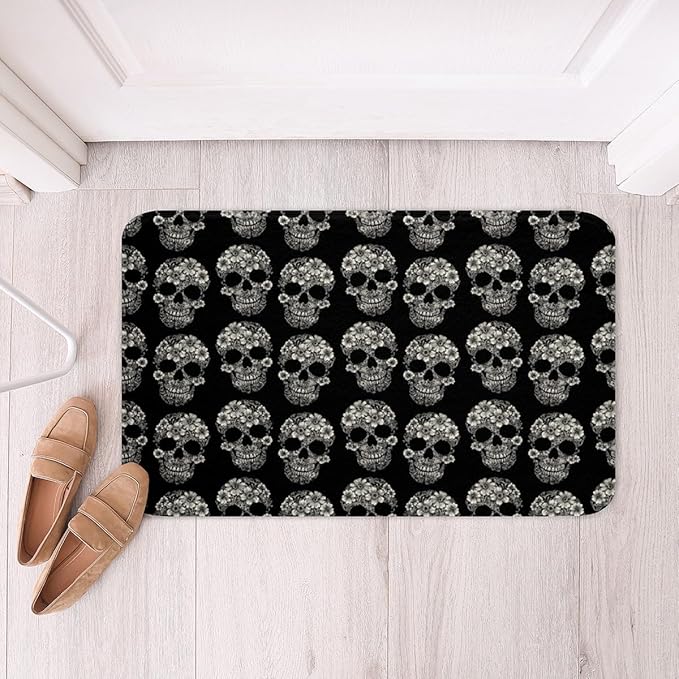 Erosebridal Sugar Skull Gothic Halloween Bathroom Rugs 20" x 32" | Skeleton Floral Boho Flowers Bath Mat Festival Black Grey Adults Women Men Water Absorbent Doormat - sugar skull toilet mat set