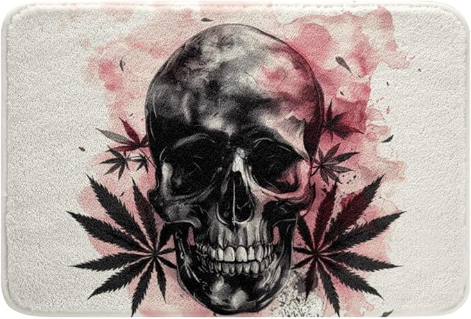 Erosebridal Goth Skull Bath Mat Pink Romance Skeleton Bathroom Decor,Sugar Skull Non Slip Bath Rug Halloween Weed Leaf Floor Rug Carpets 16"X24" - sugar skull area rug