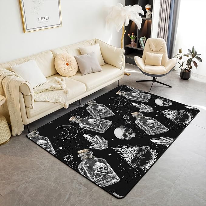 Erosebridal Halloween Skeleton Area Rug 3x5 for Bedroom Gothic Sugar Skull Living Room Rugs | Moon Stars Carpet Non Slip Potion Stove Bottle Indoor Floor Mat - sugar skull area rug