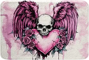 Erosebridal Pink Rose Skull Bath Mat Watercolor Print Skeleton Decor Bathroom Rugs,Sugar Skull Doormats Floor Mats Gothic Heart Wings Non Slip Bath Rug 16"X24" - sugar skull floor mat