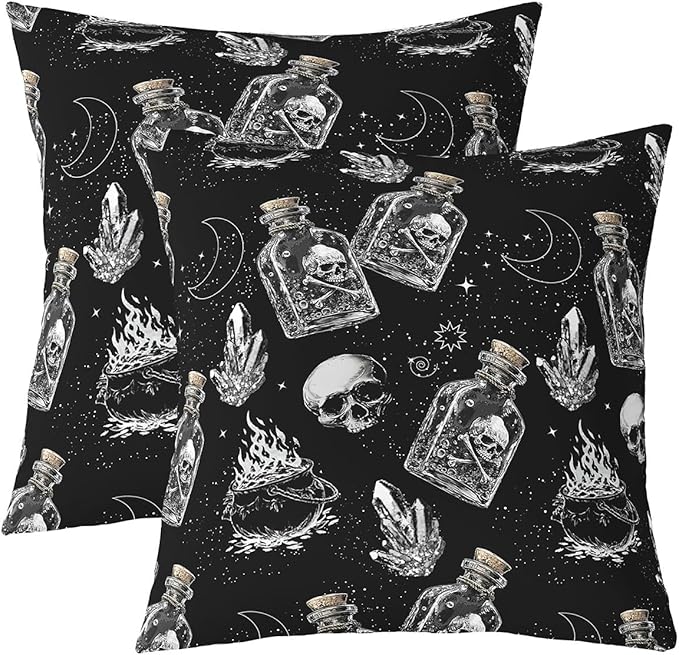 Erosebridal Halloween Skeleton Throw Pillow Covers 22x22 Inch Set of 2 Gothic Sugar Skull Pillow Covers | Moon Stars Decorative Accent Pillow Cases Potion Stove Bottle Cushion Cases - sugar skull throw pillow