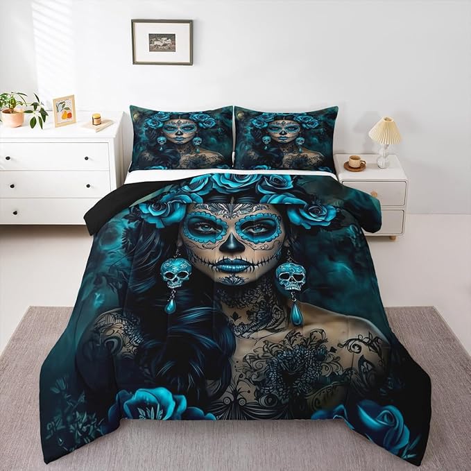 Erosebridal Sugar Skull Bedding Set Twin Teal Rose Floral Comforter Set for Boys Girls Gothic Rose Skull Down Comforter,Halloween Quilt Duvet - sugar skull bedding set