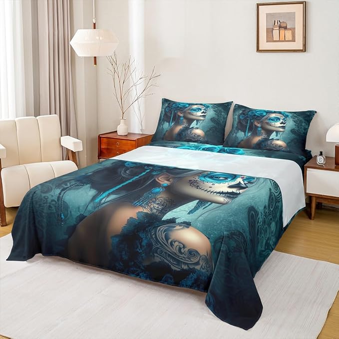 Erosebridal Turquoise Sugar Skull Bedding Set Queen Gothic Skull Bed Sheets Hallwoeeen Rose Floral Sheet Set,Goth Skeleton Fitted Top Sheets 4 Piece - sugar skull bedding set