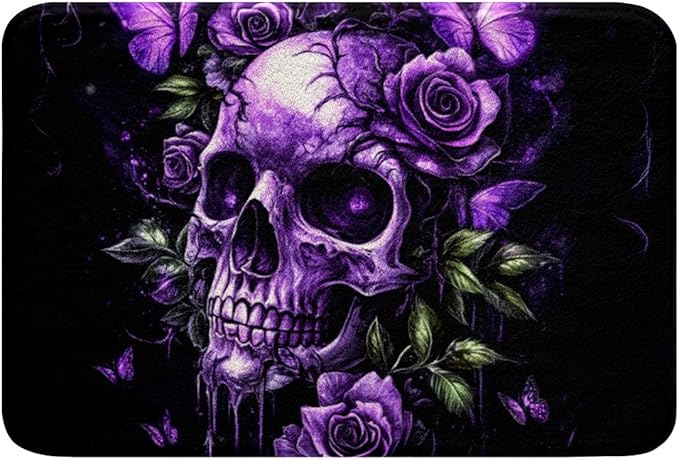 Erosebridal Gothic Sugar Skull Bath Mat for Bathroom Purple Romantic Rose Door Mat for Bedroom Happy Halloween Holiday Bathroom Rug Non Slip,Spooky Skeleton Retro Entrance Rug 16"x24" - sugar skull toilet mat set
