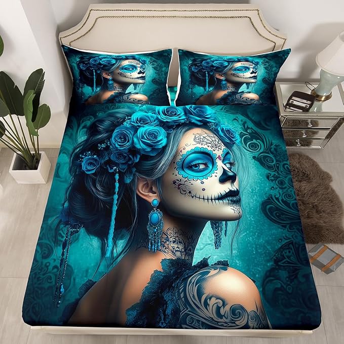 Erosebridal Turquoise Sugar Skull Bedding Set Full Gothic Skull Fitted Sheet Hallwoeeen Rose Floral Bed Sheets for Adults Men Women,Goth Skeleton Bed Cover 3 Pcs - sugar skull bedding set
