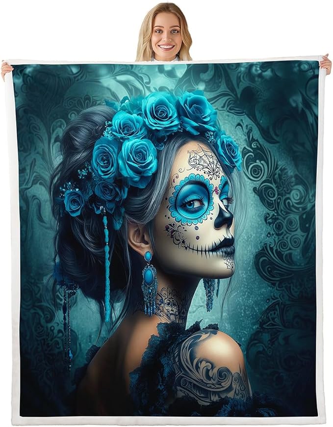 Erosebridal Turquoise Sugar Skull Sherpa Blanket Gothic Skull Fuzzy Plush Throw Hallwoeeen Rose Floral Fleece Blanket for Adults Men Women,Goth Skeleton Decor for Bed Couch Twin 60"x80" - sugar skull throw blanket
