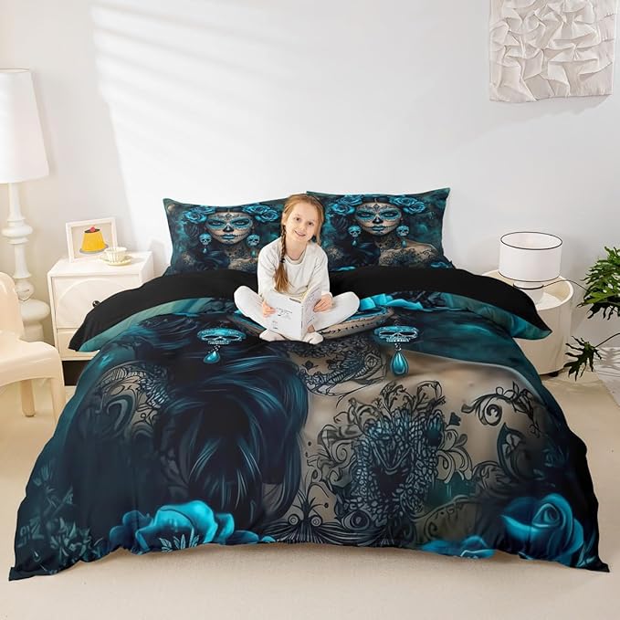 Erosebridal Sugar Skull Bedding Set King Teal Rose Floral Duvet Cover Gothic Rose Skull Comforter Cover for Adults Men Women,Halloween Bed Set - sugar skull bedding set